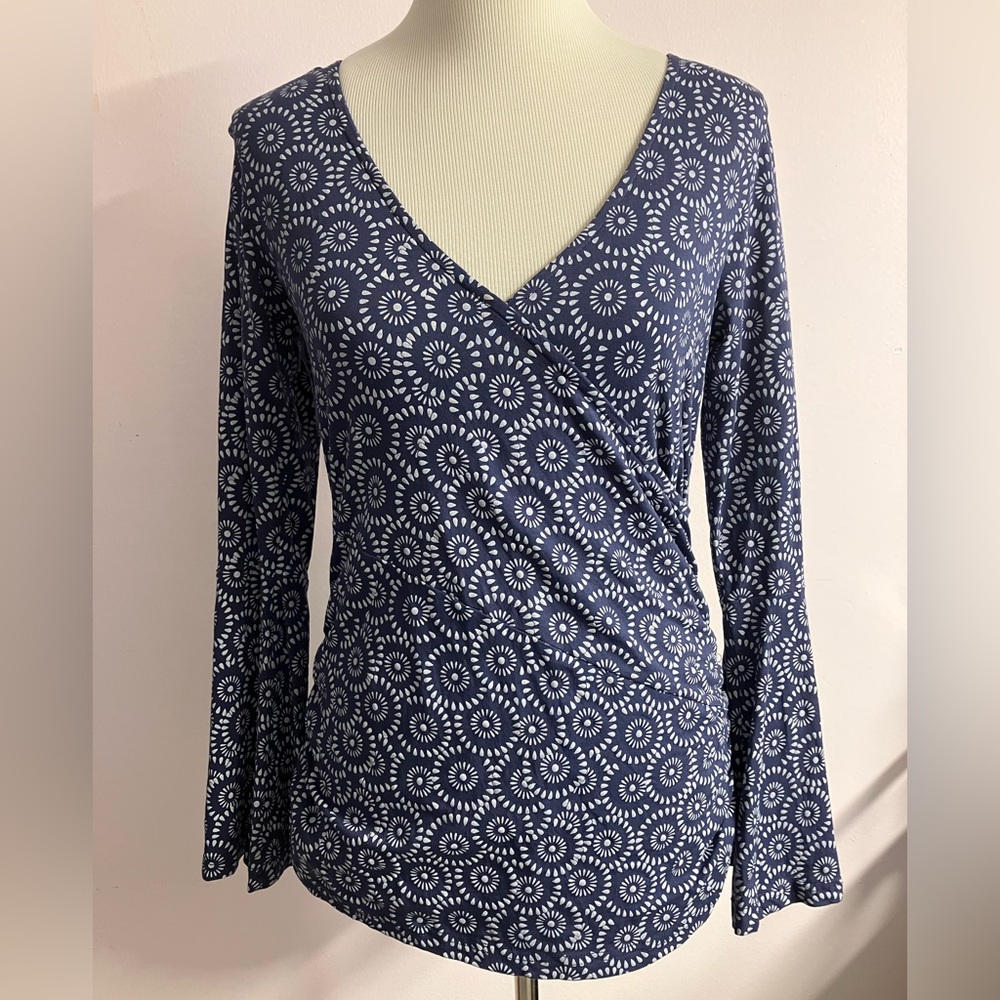 Women’s Top/Blouse, M, Bell Sleeves, Navy Blue/White, Zig Zag Organic Dandelion